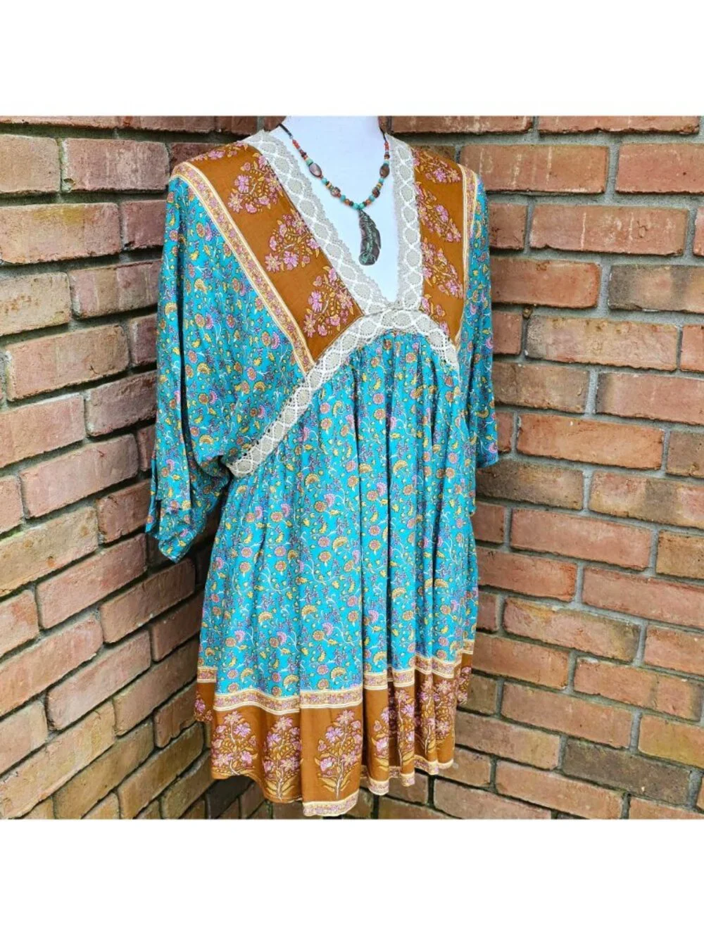 Boho Floral Lace Trim Dress, Teal Rust Print, Cottagecore, GiGiO Brand, Size S - Picture 4 of 11